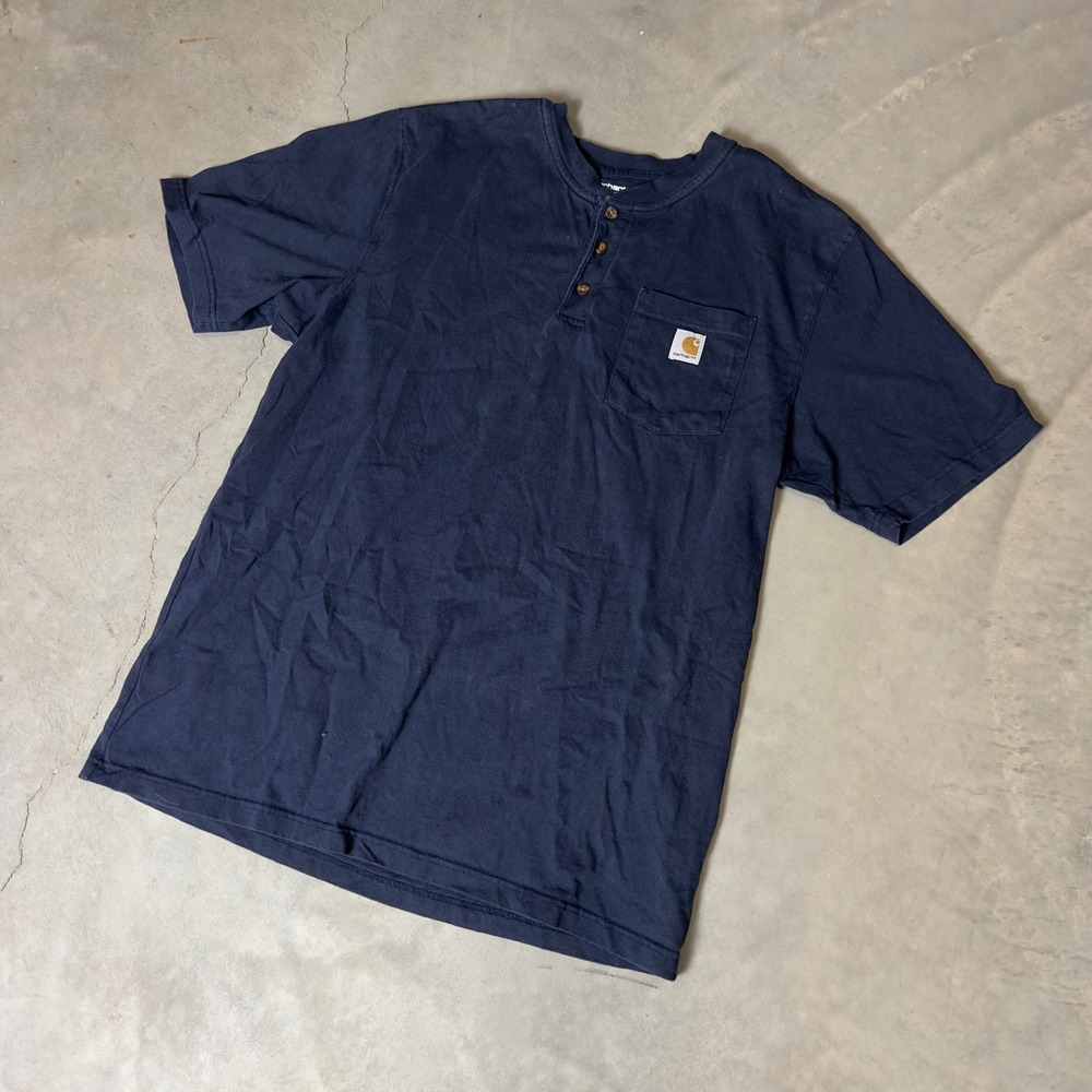 Carhartt Henley Pocket T-Shirt Mens L Navy Blue Loose Fit Workwear Tee